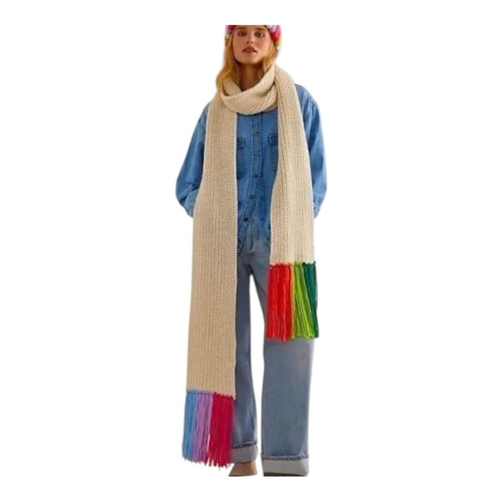 Anthropologie Colorful Fringe Scarf Long Chunky NWT Rainbow